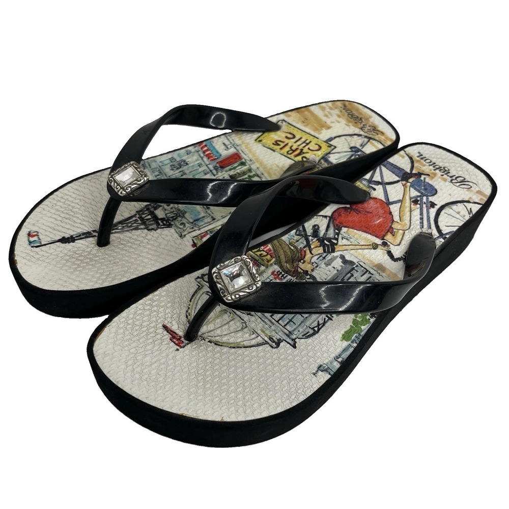 Womens Brighton Jewelled Flip Flops Size 8.5 Wedge Sandal Black Paris Chic Style